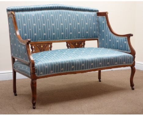 Edwardian inlaid mahogany framed two seat sofa, upholstered in a blue striped fabric, scrolled arms, cabriole legs, W130cm