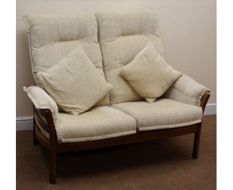 Ercol Saville two seat sofa in Golden Dawn elm finish, upholstered in a neutral fabric, W142cm