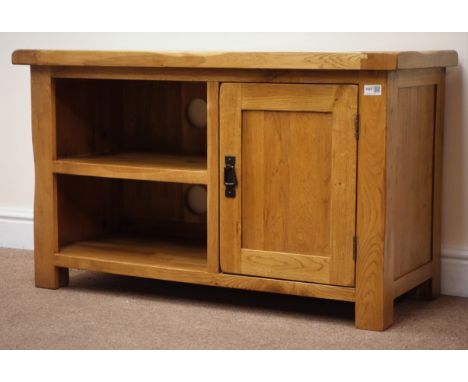 Rustic oak television cabinet, single cupboard flanked by single shelf, stile supports, W100cm, H60cm, D43cm