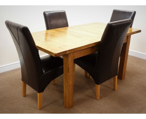 Solid light oak extending dining table, square supports (W199cm, H78cm, D92cm) and set four high back leather dining chairs (