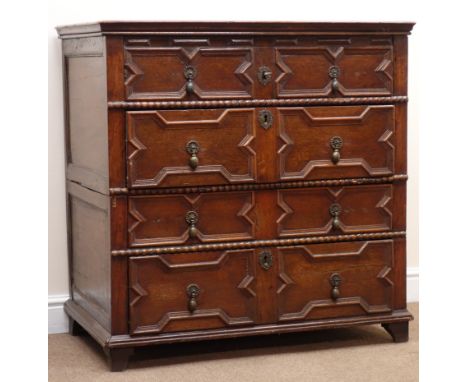 William and Mary style oak two section chest, lift top with dummy drawer front above three graduating drawers with moulded pa