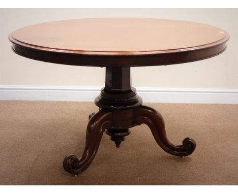 Victorian mahogany tilt top breakfast table, moulded top, column support with finial on three scrolled sabre feet, D121cm, H7