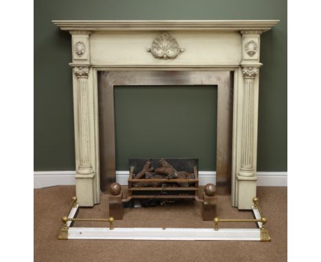 Adams style classical cream painted fire surround, detailed shell carvings, two Corinthian style columns, steel surround (W14