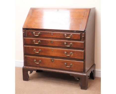 George III oak bureau, fall front enclosing fitted interior above four graduating drawers, shaped bracket supports, W99cm, H1