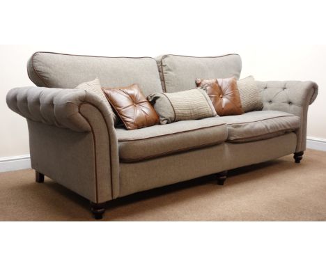 Grande sofa upholstered in deep buttoned grey linen fabric with piping, cushion back, turned supports (W240cm)  