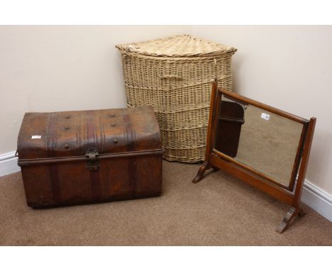 Vintage metal travelling trunk, hinged lid, carrying handles (W67cm, H39cm, D41cm) a wicker corner laundry basket, hinged lid