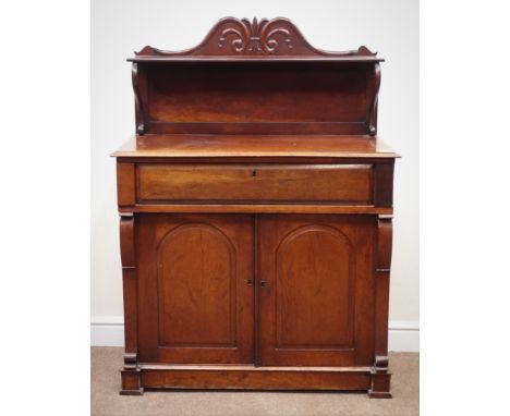 19th century mahogany chiffonier secretaire desk, raised shaped back with shelf above single fall front drawers enclosing fit