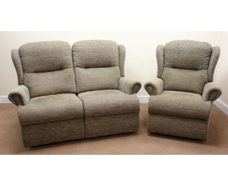 Two seat wingback sofa upholstered in natural cord fabric (W148cm) and matching reclining armchair (W84cm) (2) Condition Repo