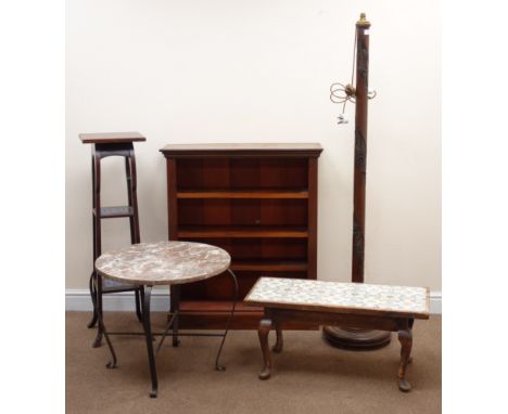Chinese carved hardwood standard lamp (H162cm) marble and wrought iron occasional table(D65cm, H53cm) an Arts &amp; Crafts st