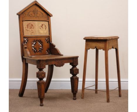 Victorian Gothic style oak hall chair with inset tile back, incised scroll work and pierced back (W48cm) and a mahogany jardi