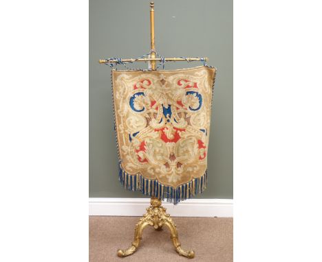 19th century pole screen, woolwork banner on painted metal support and scroll carved tripod base, H134cm, Condition Report Cl