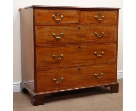 19th century inlaid and cross banded mahogany chest, two short and three long drawers, shaped bracket supports, W106cm, H102c