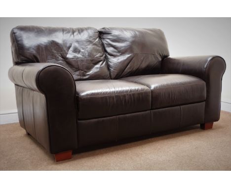 Two seat brown leather sofa (W155cm) and a similar armchair (W121cm)