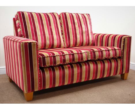 Two seat sofa upholstered in a red and gold striped fabric, W160cm Condition Report Click here for further images, condition,