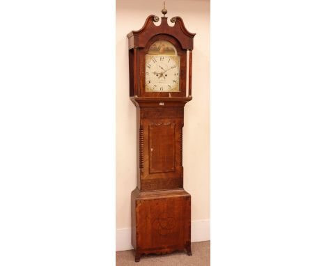 19th century oak, mahogany and burr walnut longcase clock, arched painted dial with subsidiary seconds and date, signed Jn.Ke