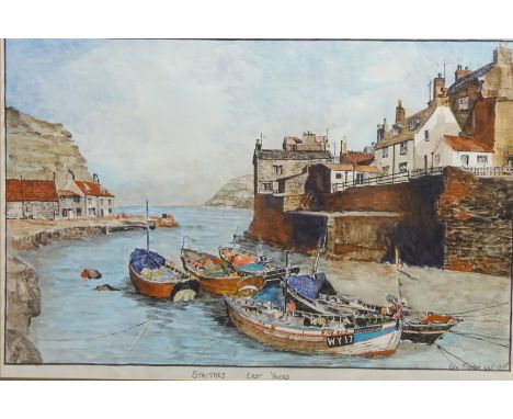 'Staithes', 20th century watercolour, signed and dated 1981 by Ken Fisher 38cm x 58cm and three other prints (4)
