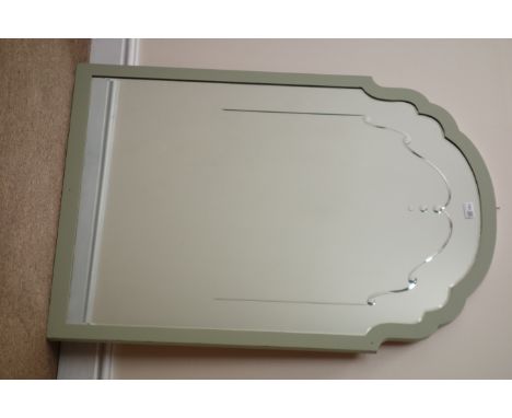20th century wall mirror, bevel edge shaped plate in painted arched surround, W70cm, H98cm