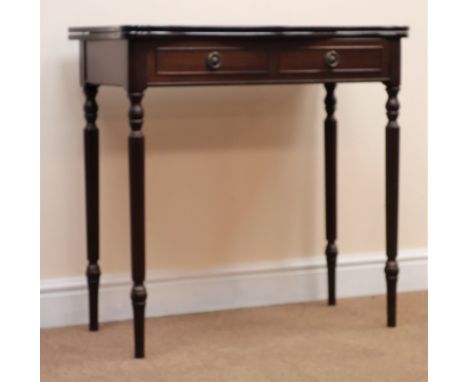 Regency style mahogany serpentine card games table with green baise, turned tapering supports, W78cm, H78cm, D76cm Condition 