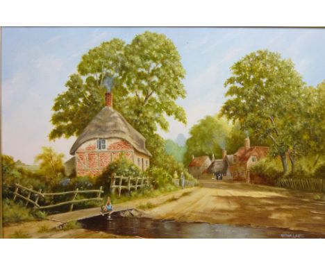 Arthur Lokie (British 1948): Rural Village Scene, oil on canvas signed 49cm x 75cm and Village Scene, watercolour signed and 