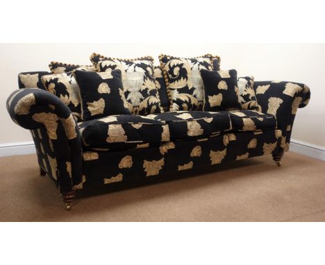 Duresta three seat sofa, scrolled arms upholstered in a black fabric with classical architectural prints (W240cm) and pair ma