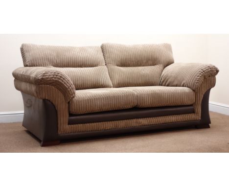 Two seat sofa upholstered in dark beige jumbo cord and suede effect fabric, W190cm