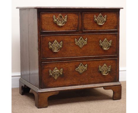 George III small oak chest, moulded top, two short and two cockbeaded drawers, shaped bracket supports, W67cm, H67cm, D46cm