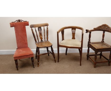 Heavily carved Chinese style corner chair (W57cm), an inlaid mahogany tub chair (W55cm), two other chairs and a fire screen (