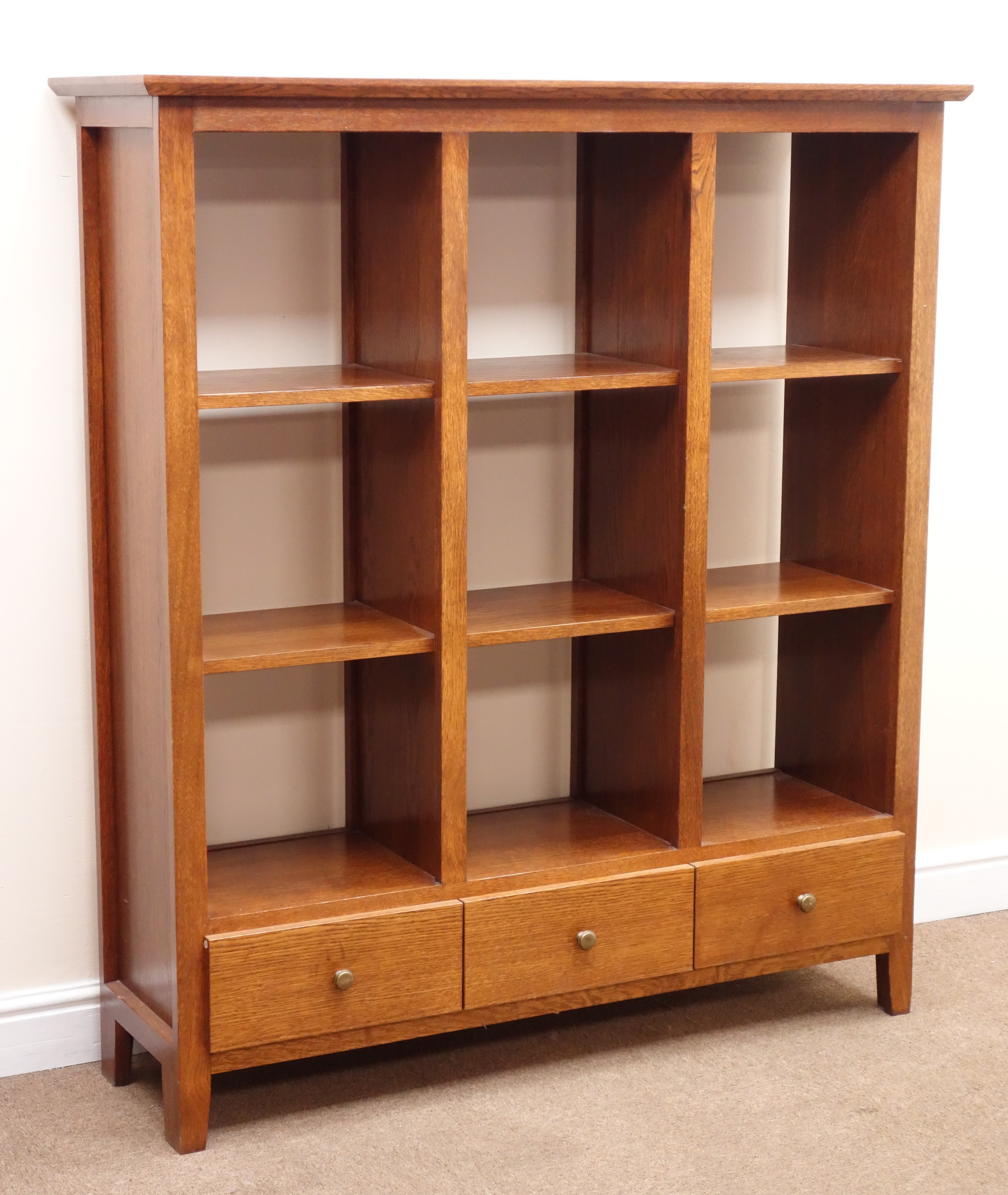 Medium Oak Open Bookcase Nine Shelves Above Three Drawers W127cm   Original 