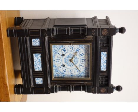 Aesthetic movement mantel clock, ebonised case with gilt lined detail, ceramic dial and inserts and brass framed bevel glazed