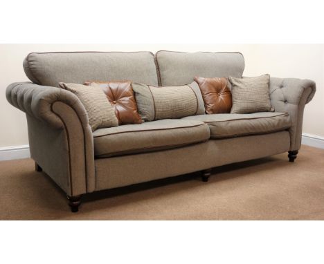 Grande sofa upholstered in deep buttoned grey linen fabric with piping, cushion back, turned supports (W240cm)  