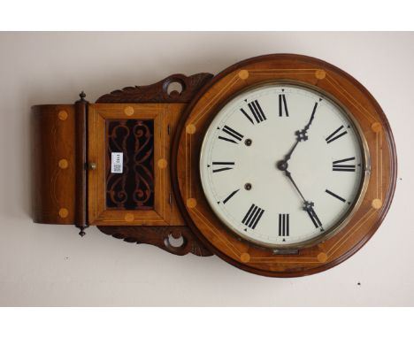 Victorian American drop dial wall clock, inlaid case with painted Roman dial and twin train movement, H74cm