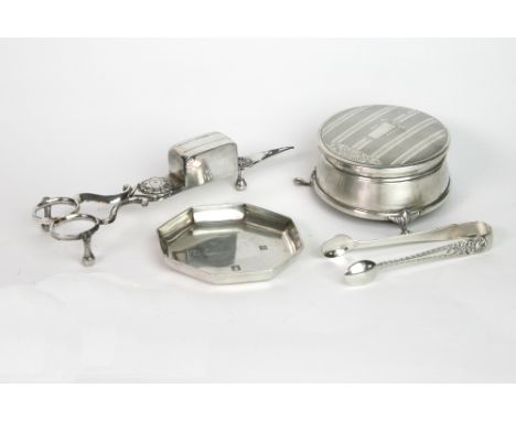 A George I style octagonal silver dish, D Bros, Birmingham 1965, Britannia Standard, 8.25cm across, a circular silver jewel b