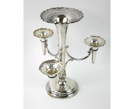 An Edwardian silver epergne, Horace Woodward & Co Ltd, London 1909, with a central trumpet shape receiver and three scrolled 