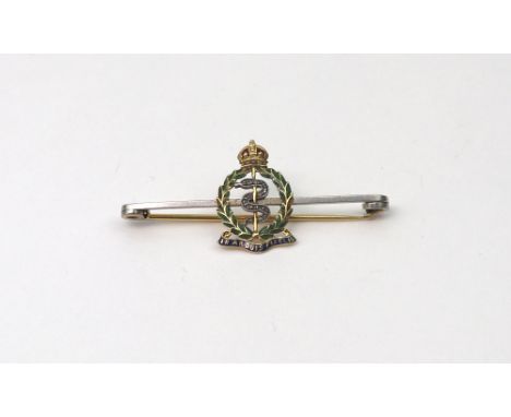 An early 20th century gold, enamel and rose diamond regimental bar brooch for the Royal Army Medical Corps, stamped '18ct' & 