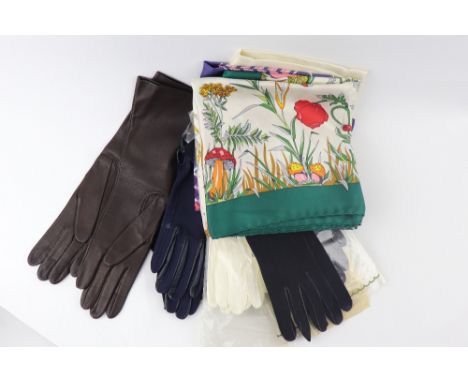 Givenchy: Hand rolled scarf, cream with two double lined black squares, together with a hand rolled silk scarf in navy, pink 