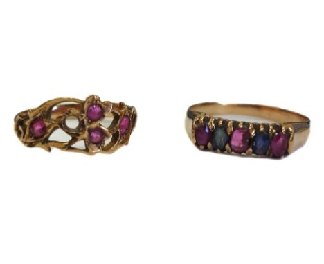 An early 20th century small oval mixed-cut ruby and sapphire five stone ring, finger size M and a ruby ring, with a pierced t