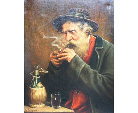 R Aurguin (European, 20th Century), Lighting a pipe, signed 'R Aurguin' (lower left), oil on canvas, 56.5 x 49cm.