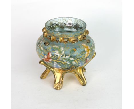 A Moser turquoise glass compressed baluster vase, circa 1880, the sides with raised enamel trailing branches, insects and aco