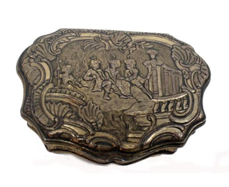 A French provincial silver gilt snuff box, Joseph Berlanger, Paris, circa 1735, of cartouche outline, relief decorated after 