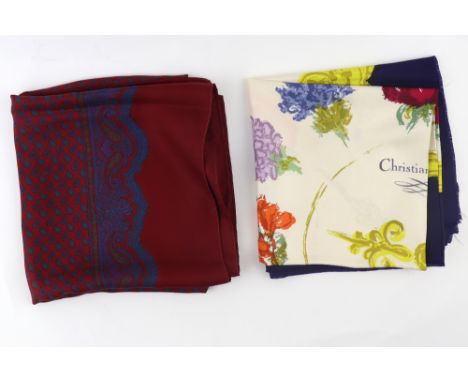 Christian Dior: Silk scarf multi-coloured flower pattern, 82 x 85cm, with one other red paisley scarf (2).
