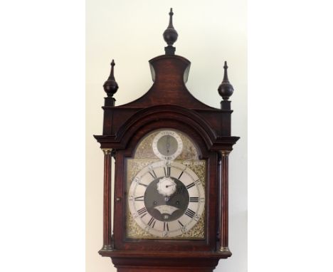 William Nicklin, Birmingham;  A George III oak longcase clock, the case with an arched pediment surmounted by three finials, 