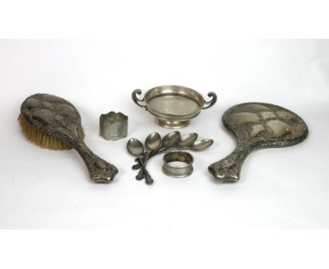 A George V silver mounted hand mirror and hair brush, H Williamson, Birmingham 1919, foliate embossed and gadroon bordered, i