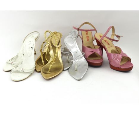 Mui Mui: Pink strapped high heeled platform sandals, Celine: white sandals with gold stiletto, Gil Carvalho: gold stiletto sa