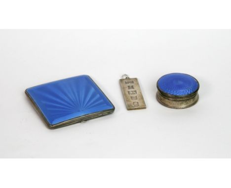 An Art Deco silver and blue guilloche enamel compact, Birmingham 1940, makers mark B S, 7cm square, a smaller similar circula