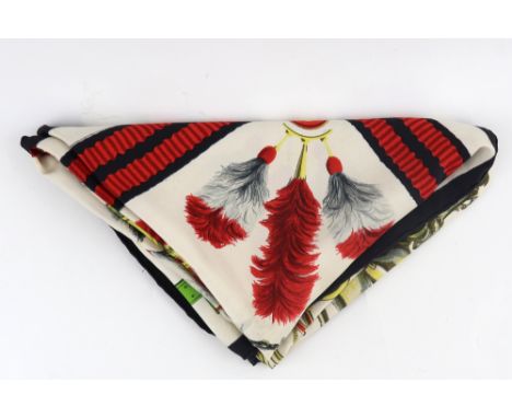 Hermès: Silk scarf Panache and Fantasie by Hugo Grygkal, cream background with plumed horses and black hand rolled edges, 86 