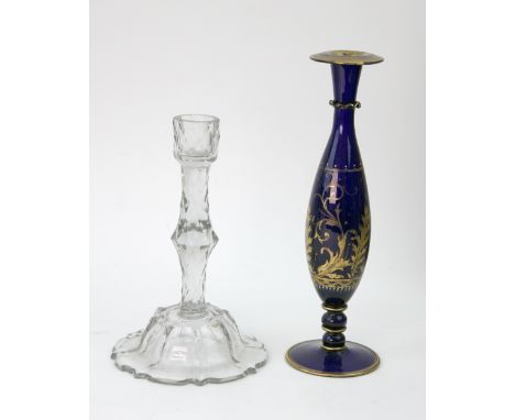 A Bohemian slender baluster shape blue glass vase, circa 1870, gilt with leaf scrolls and "jewelled", 26cm high and a glass c