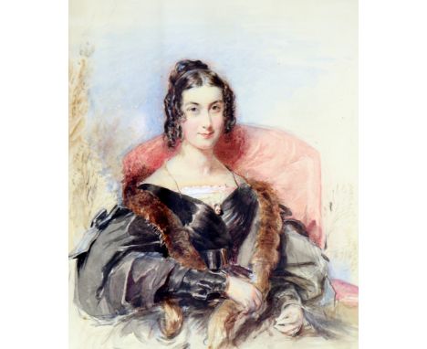 English School, 19th Century, Portrait of a lady seated, watercolour, 25 x 21cm.