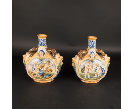 Pair of Ceramic Flask, with satyr head, painted decorations and landscape. Probably Faenza 18th Century. 29 cm high, a pair.