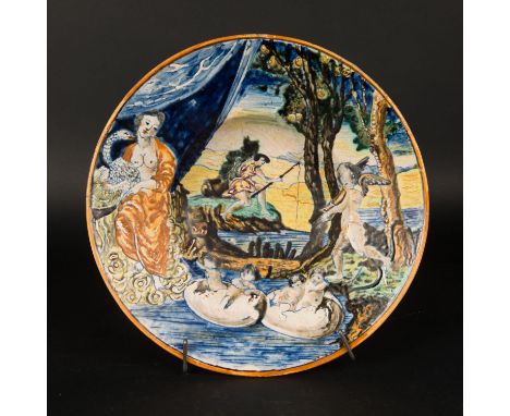 Urbino Ceramic Dish, round shape with deepened centre. Decorated multicolours with Venus, Amor  and the fisher in landscape. 