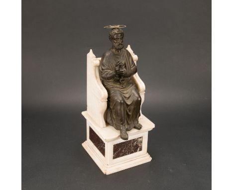 Saint Peter after the Monumental Sculpture in Vatican, bronze cast with original patina on sculpted white marble chair and ba